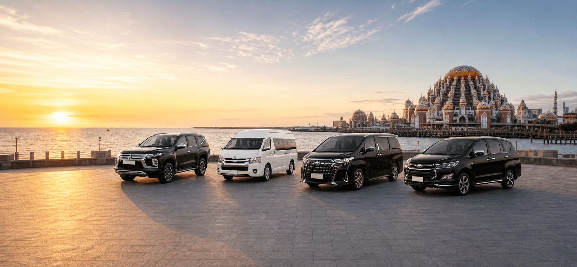 Armada RYAN RENTCAR — Pajero, Hiace, Alphard, dan Innova dengan latar Masjid 99 Kubah Makassar